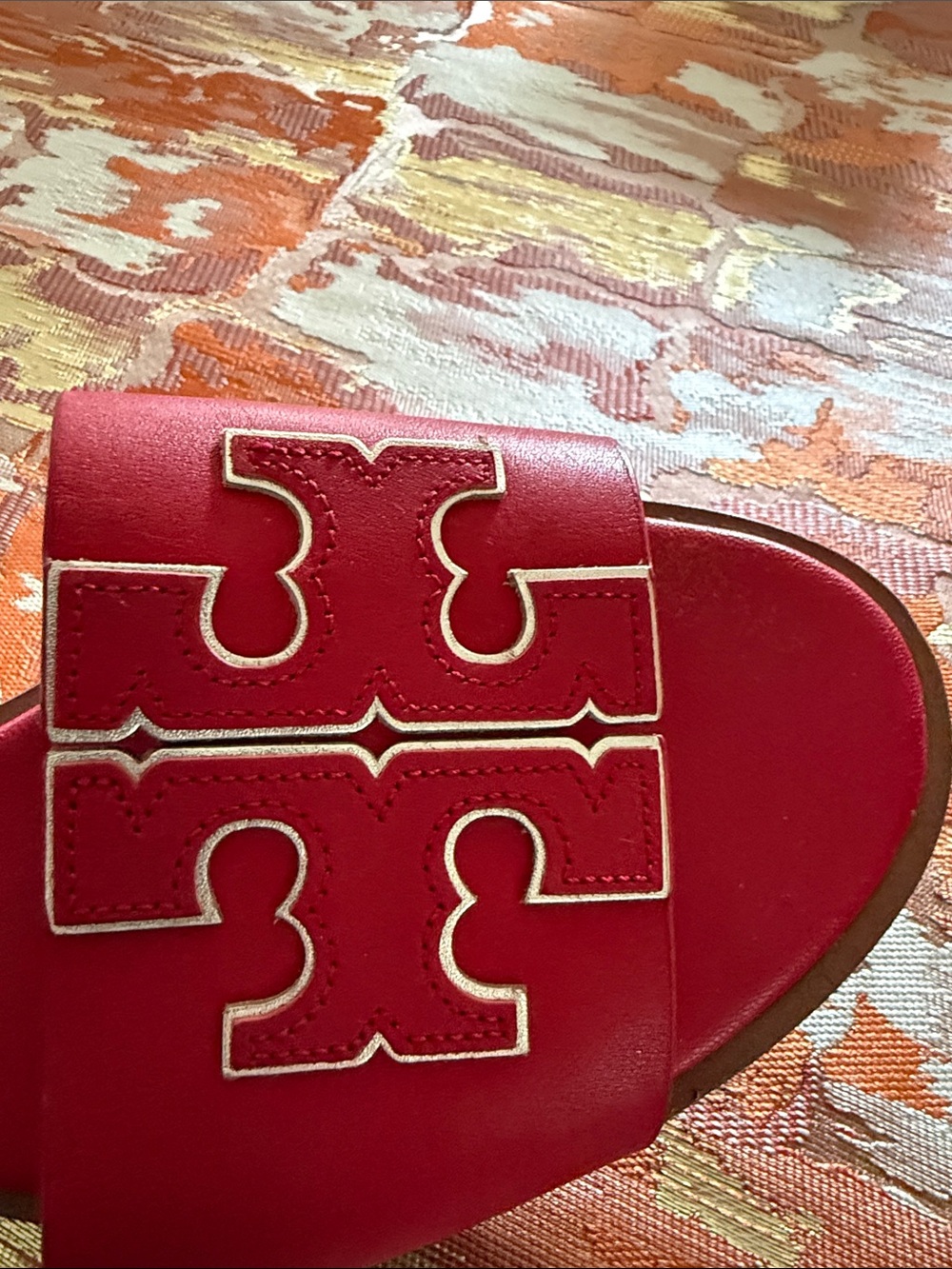 Tory Burch Red/Gold Double T leather slides - Picture 13 of 16